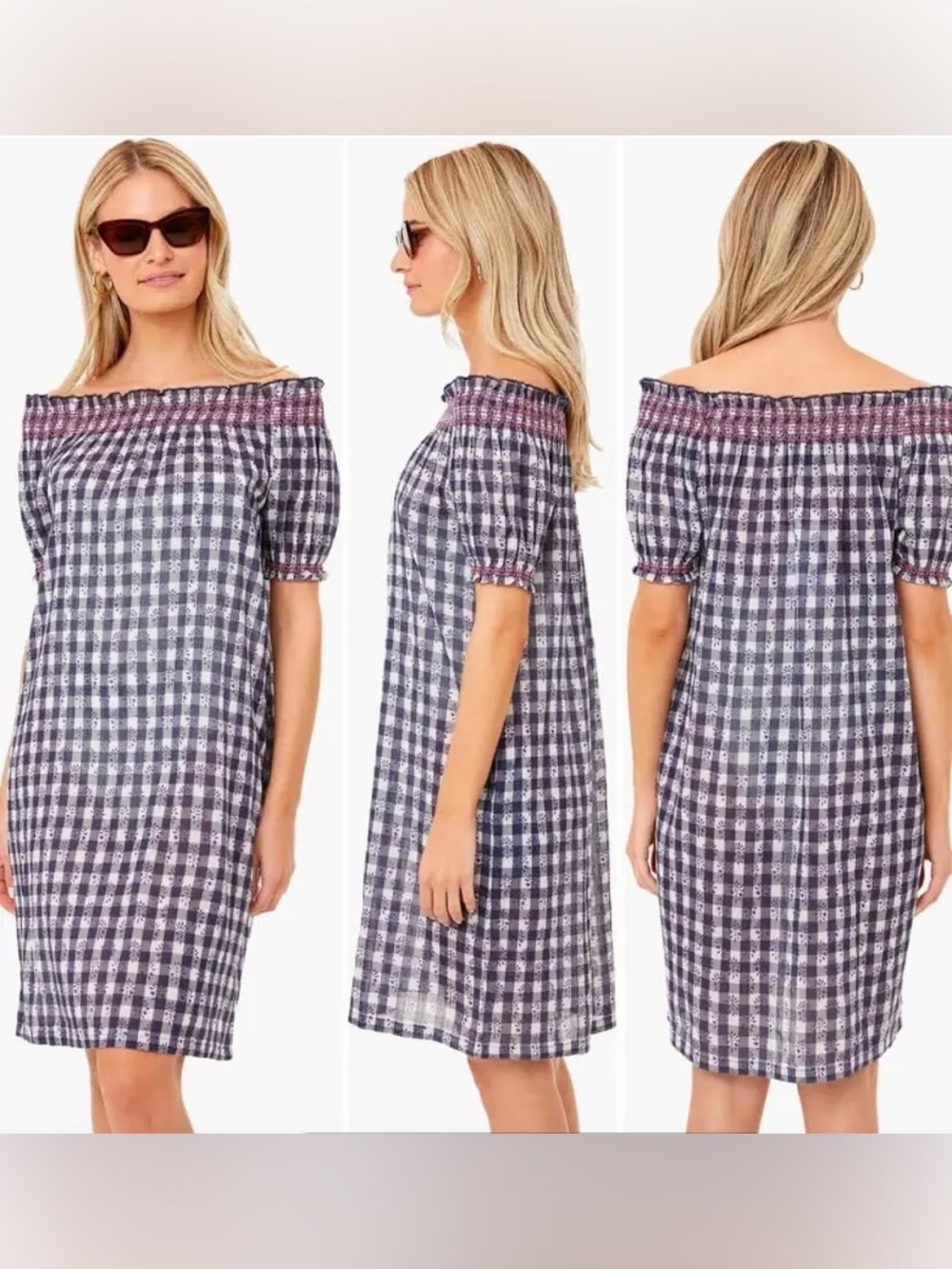 Tuckernuck off the shoulder gingham Toulon swim cover-up beach resort vacation